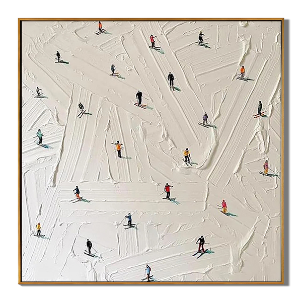 Winter Slopes – Modern Textured Skiing Scene Painting | Minimalist Miniature Figures Entryway Art