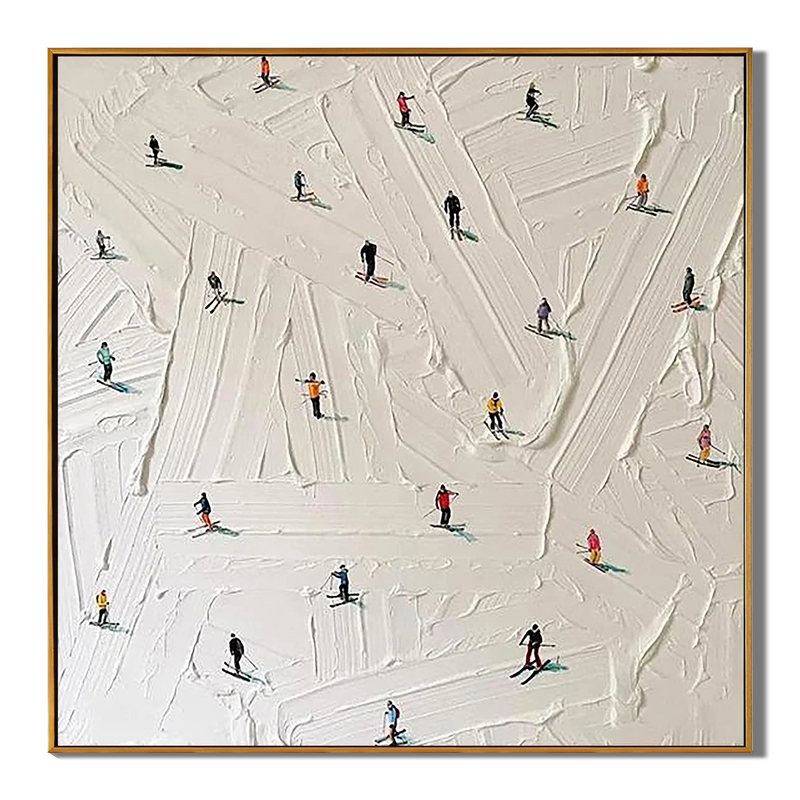Winter Slopes – Modern Textured Skiing Scene Painting | Minimalist Miniature Figures Entryway Art