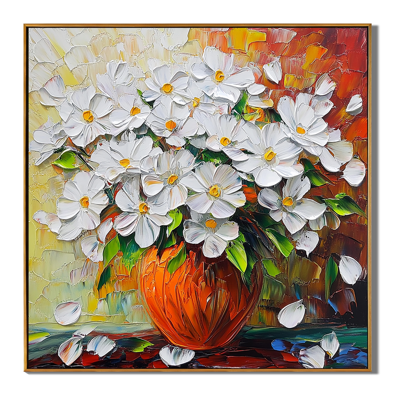 Sun-Drenched Bloom – Modern Impressionist Textured Daisy Painting | Vibrant Warm Tone Living Room Art