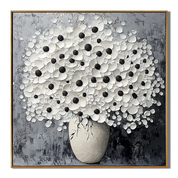 Monochrome Bloom – Modern Textured Black and White Floral Painting | Minimalist Impasto Still Life Vase Hallway Art