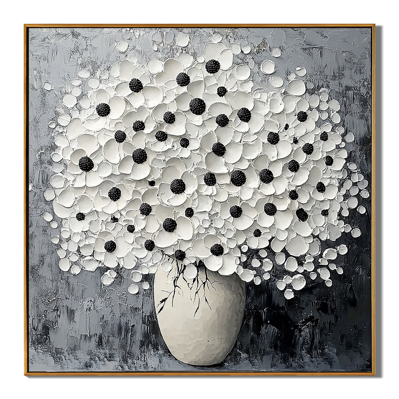 Monochrome Bloom – Modern Textured Black and White Floral Painting | Minimalist Impasto Still Life Vase Hallway Art