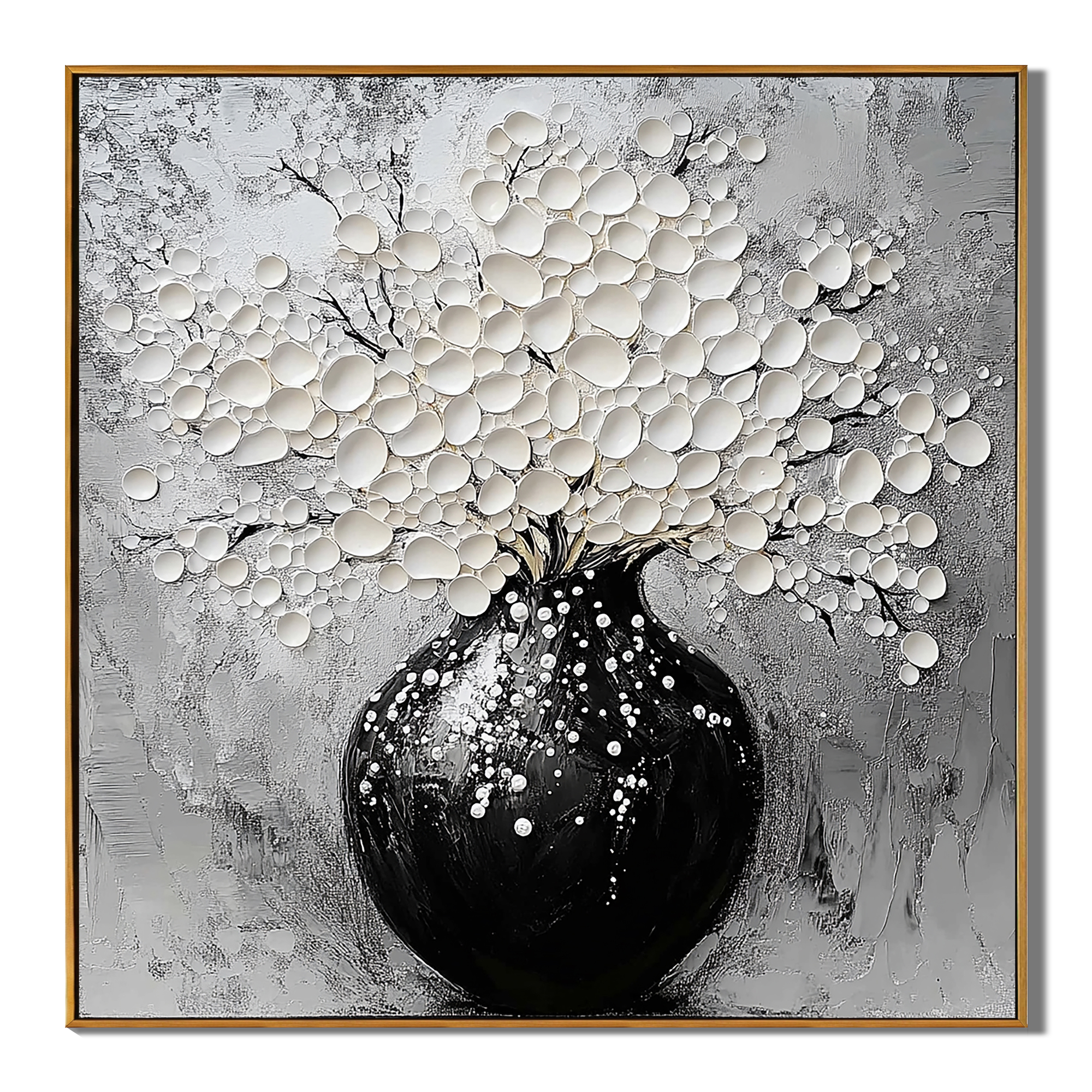 Serene Bloom – Modern Black-and-White Minimalist Relief Texture Painting |  White-Flower Hallway Art