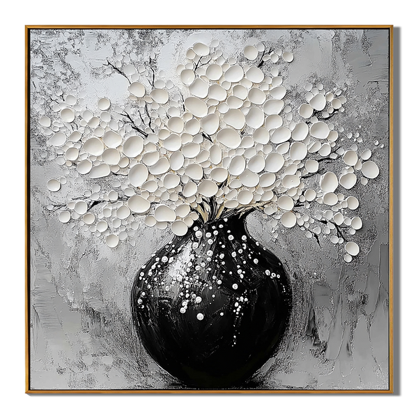 Serene Bloom – Modern Black-and-White Minimalist Relief Texture Painting |  White-Flower Hallway Art