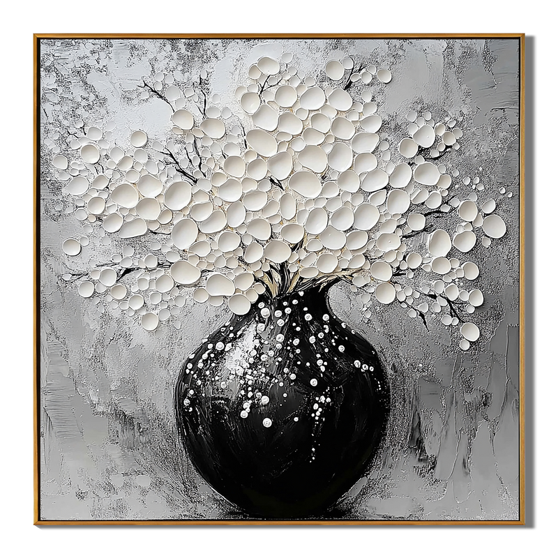 Serene Bloom – Modern Black-and-White Minimalist Relief Texture Painting |  White-Flower Hallway Art