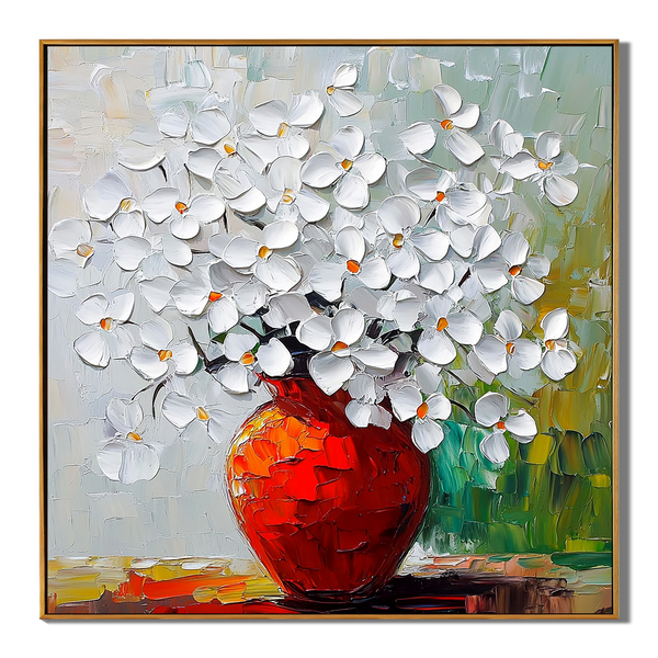 Blossoms in Vermilion – Modern Textured White Floral Painting | Luxury Red Vase Expressionist Hallway Art