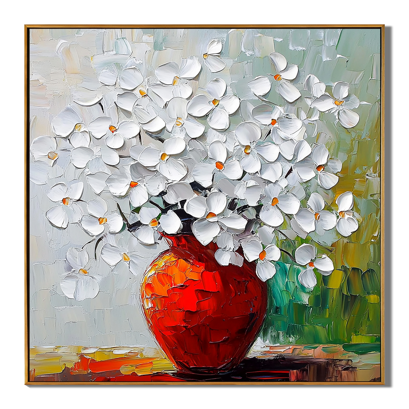 Blossoms in Vermilion – Modern Textured White Floral Painting | Luxury Red Vase Expressionist Hallway Art