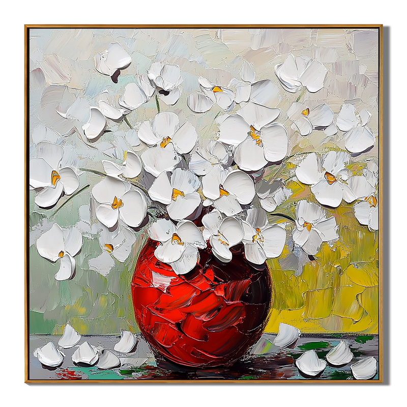 Crimson Radiance – Modern Textured White Floral Painting | Luxury Red Vase Impressionist Hallway Art