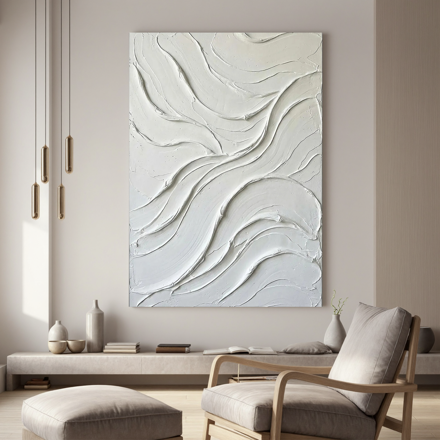 Fluid Harmony – Minimalist Wave Textured Painting | Modern Cream Style Plaster Line Bedroom Art