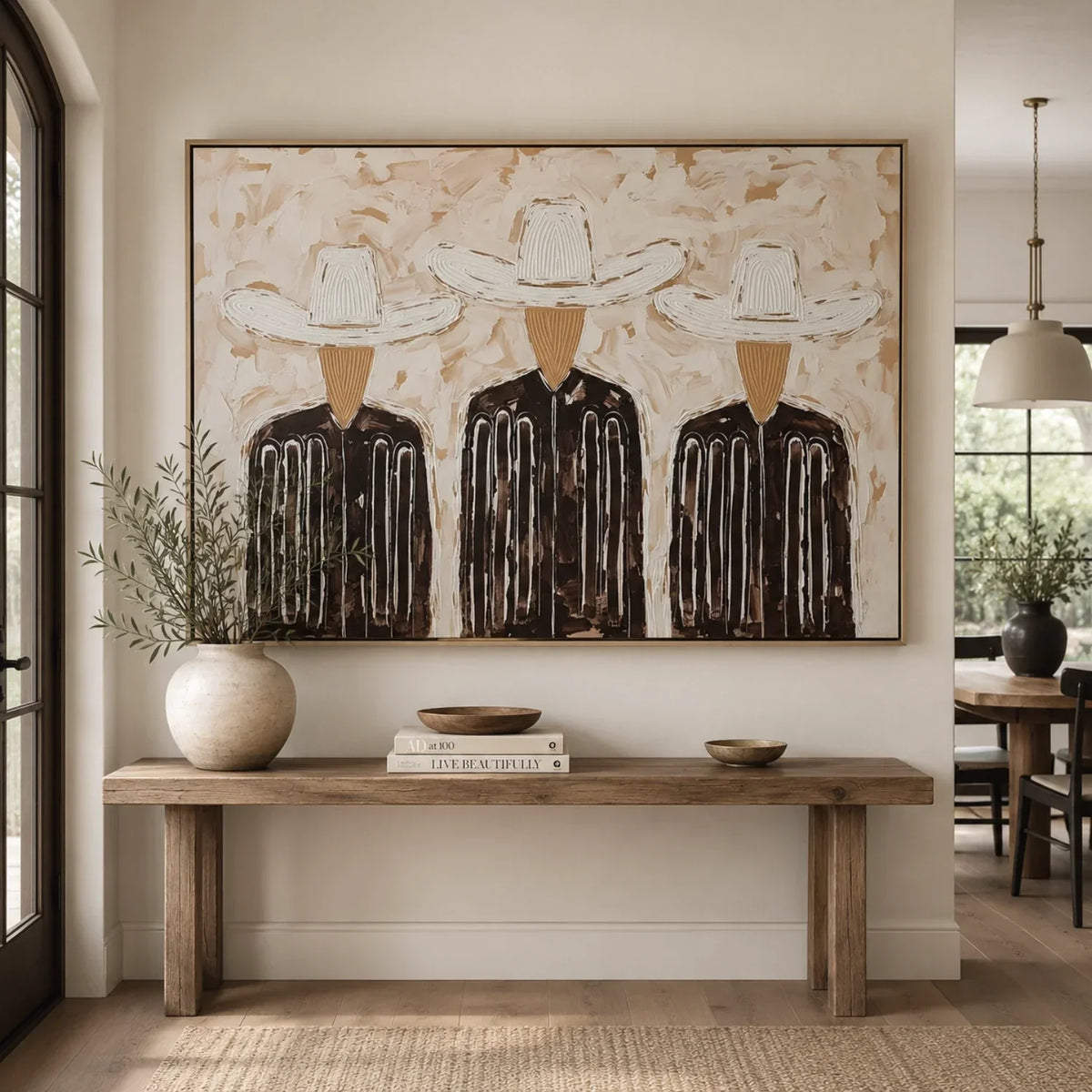 Three Hats in Linen – Textured Three Cowboy Painting | Neutral Horizontal Western Wall Art