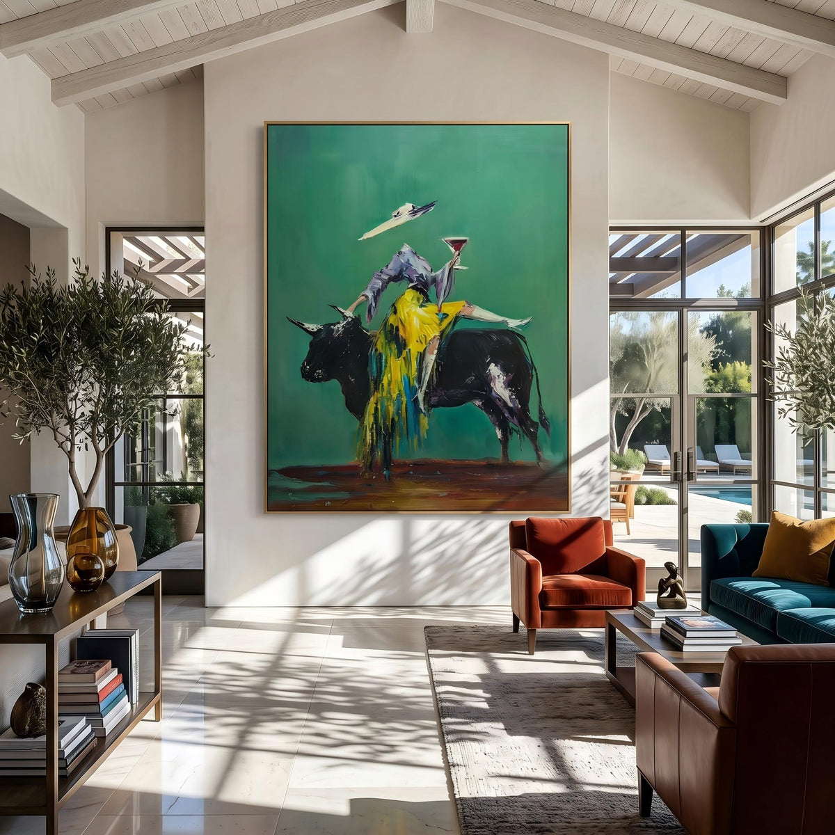 Emerald Bull Toast Society – Pop Art Bull and Western Figures Painting | Colorful Vertical Wall Art