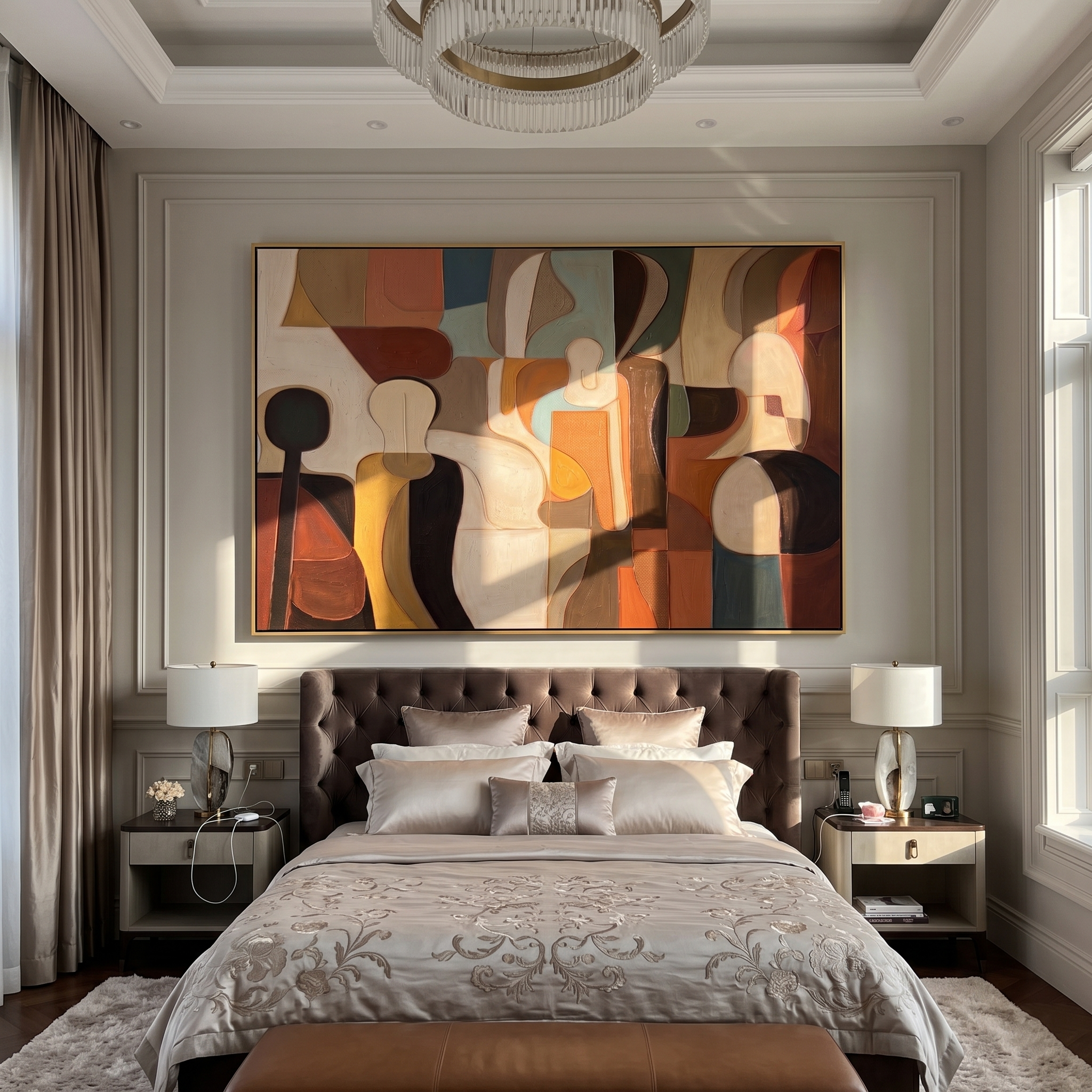 The Gathering Form – Earth-Tone Abstract Cubist Painting | Mid-Century Modern Living Room Art