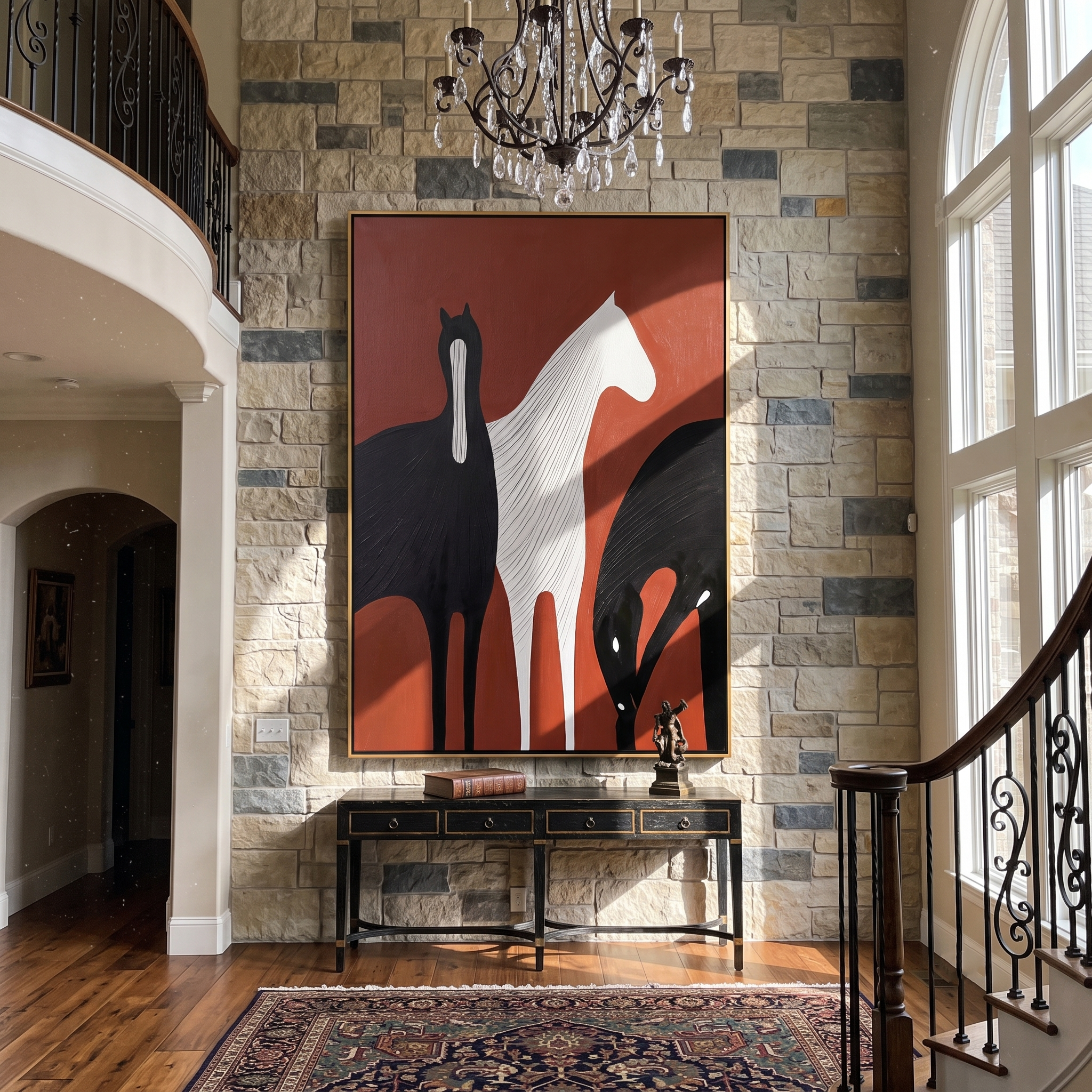 Crimson Equus - Vintage Americana Abstract Horse Trio Painting | Bold Modern Living Room Art