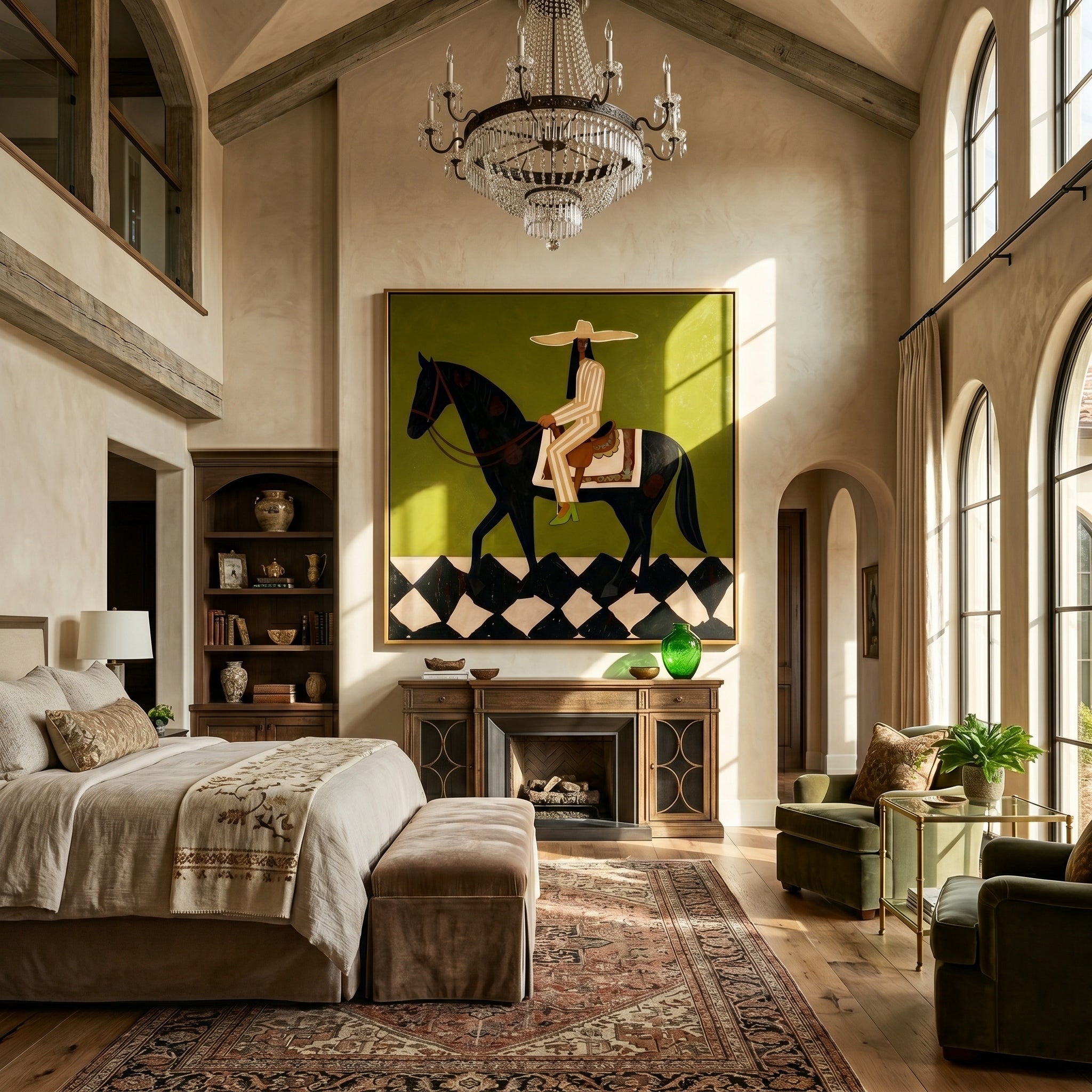 The Emerald Promenade – Modern Olive Green Black Horse Painting | Chic Checkerboard Square Hallway Art