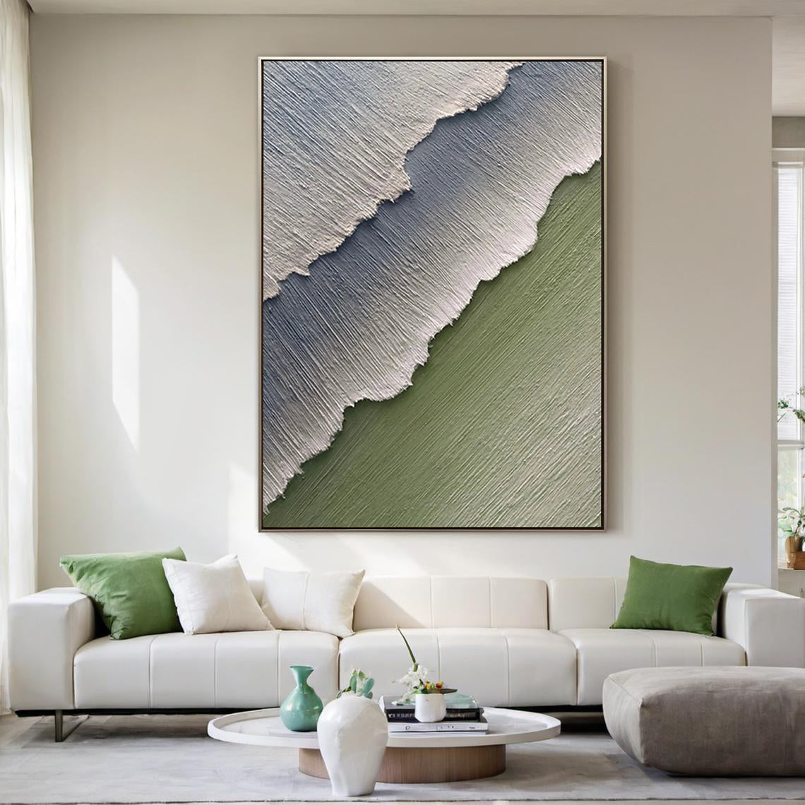 Mint Strata – Minimalist Sage Green Plaster Effect Layered Landscape Painting | Contemporary Landscape Living Room & Dining Room Art