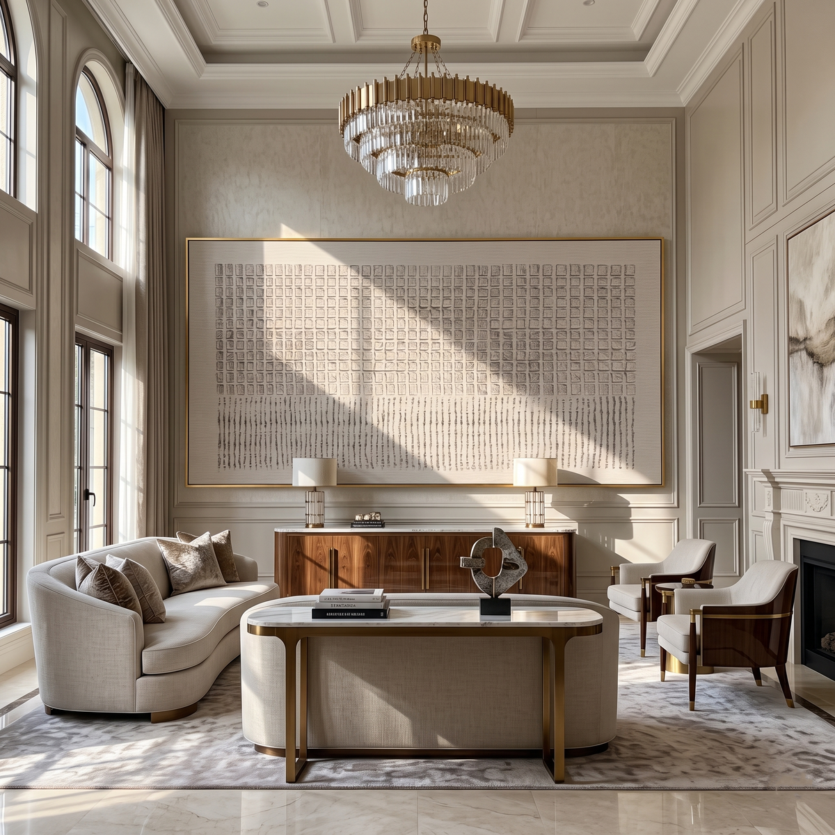 Linen Grid – Panoramic Cream Textured Grid with Line Marks Painting | Wabi-Sabi Panoramic Art