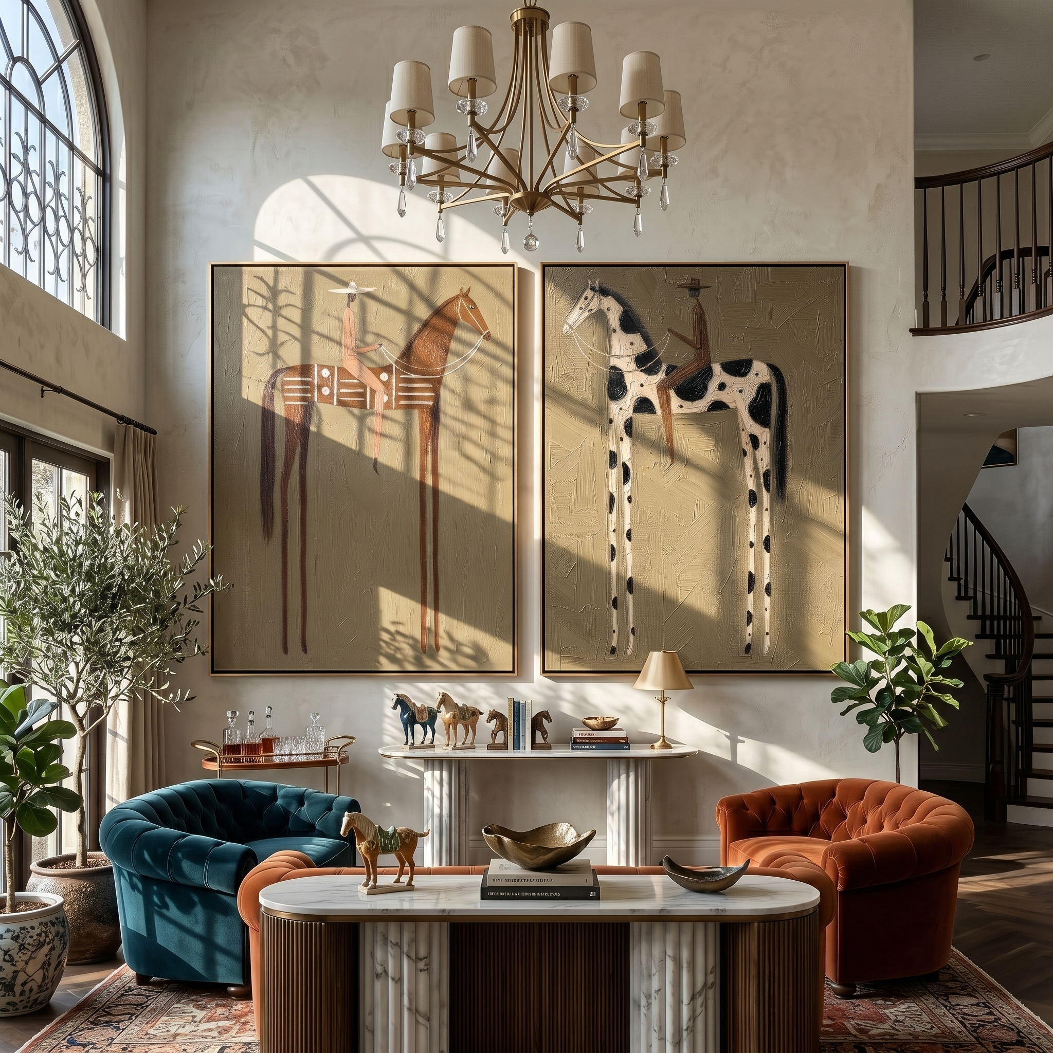Desert Riders Diptych – Vintage Americana Two Folk Riders Two-Panel Painting | Modern Farmhouse Living Room Art