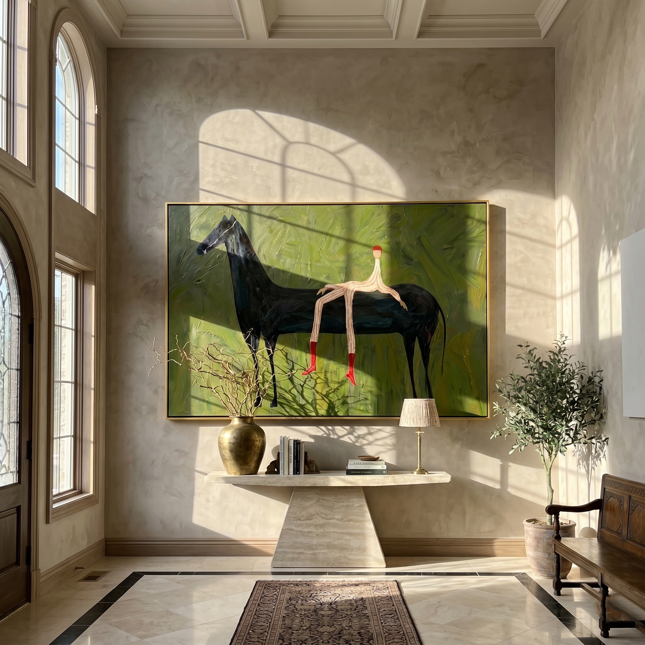 The Wilderness Rider – Modern Wabi-Sabi Dark Green Black Horse Painting | Minimalist Horizontal Living Room Art