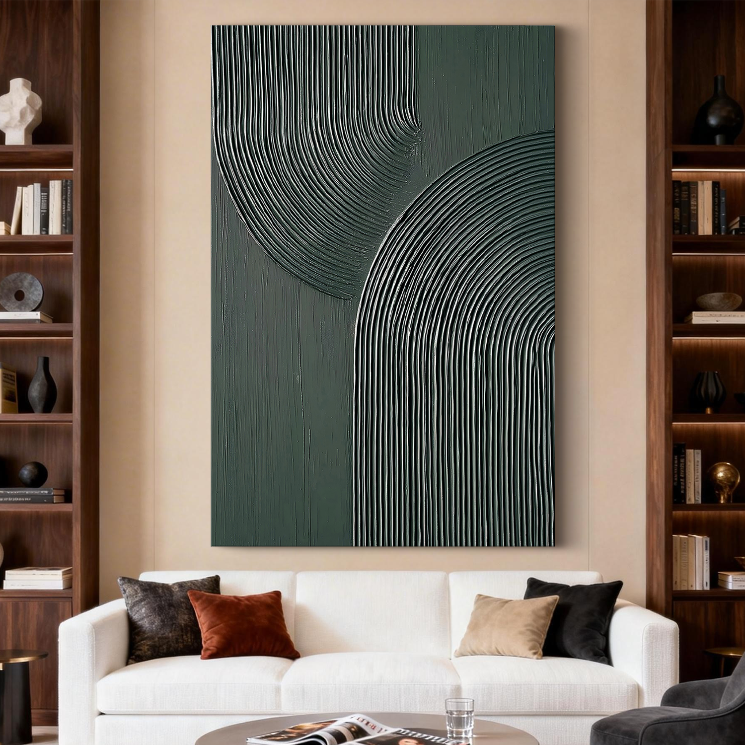 Silent Harmony – Modern Deep Green Textured Painting | Geometric Ribbed Plaster Hallway Art