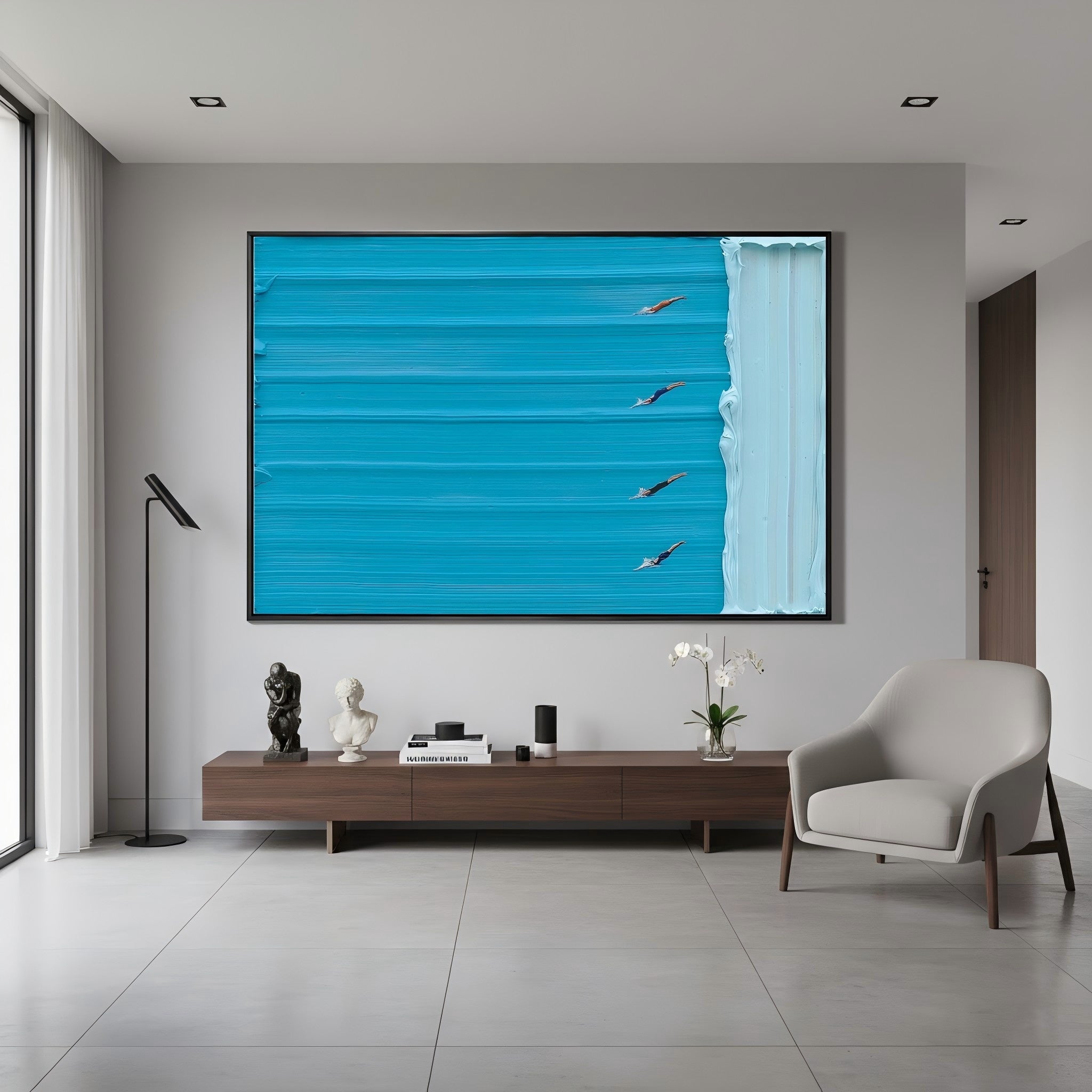 Azure Competition – Hand-Painted Minimalist Swimming Pool Azure Blue Sport Painting | Contemporary Sport Home Office & Living Room Art
