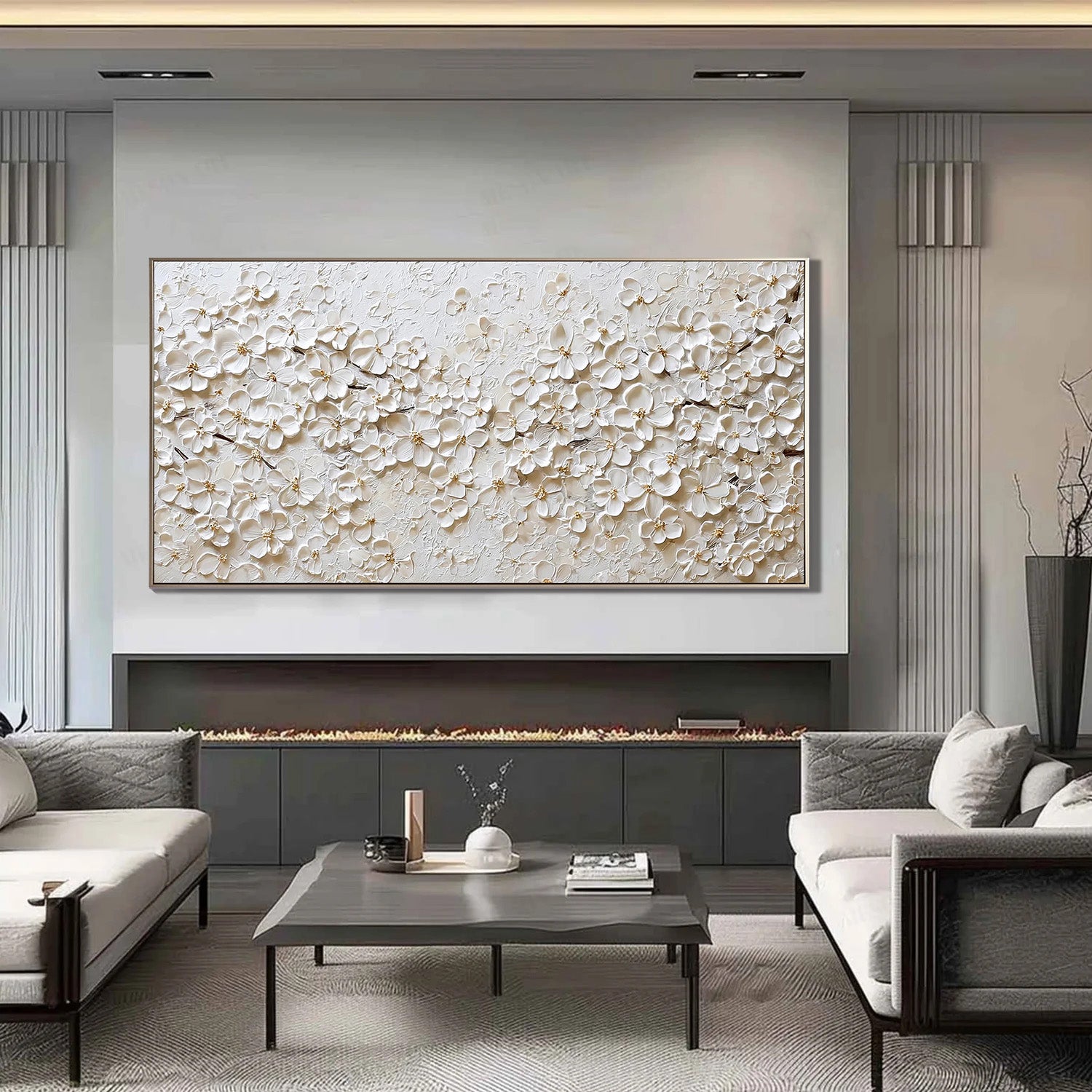 Champagne Melodies – Luxury All-White Floral Heavy Textured Painting | Large Horizontal Living Room Art