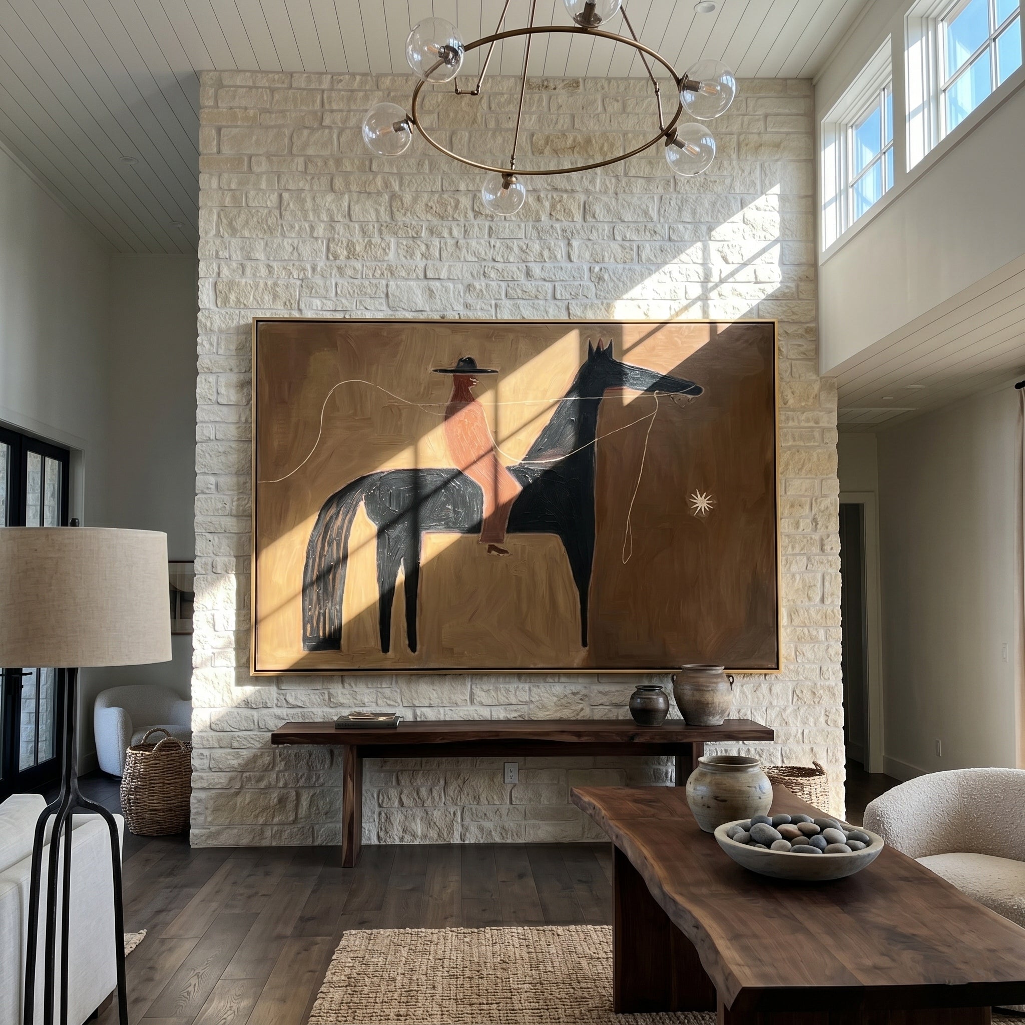 Guiding Star – Minimalist Western Rider & Black Horse Painting | Rustic Modernist Home Office Art