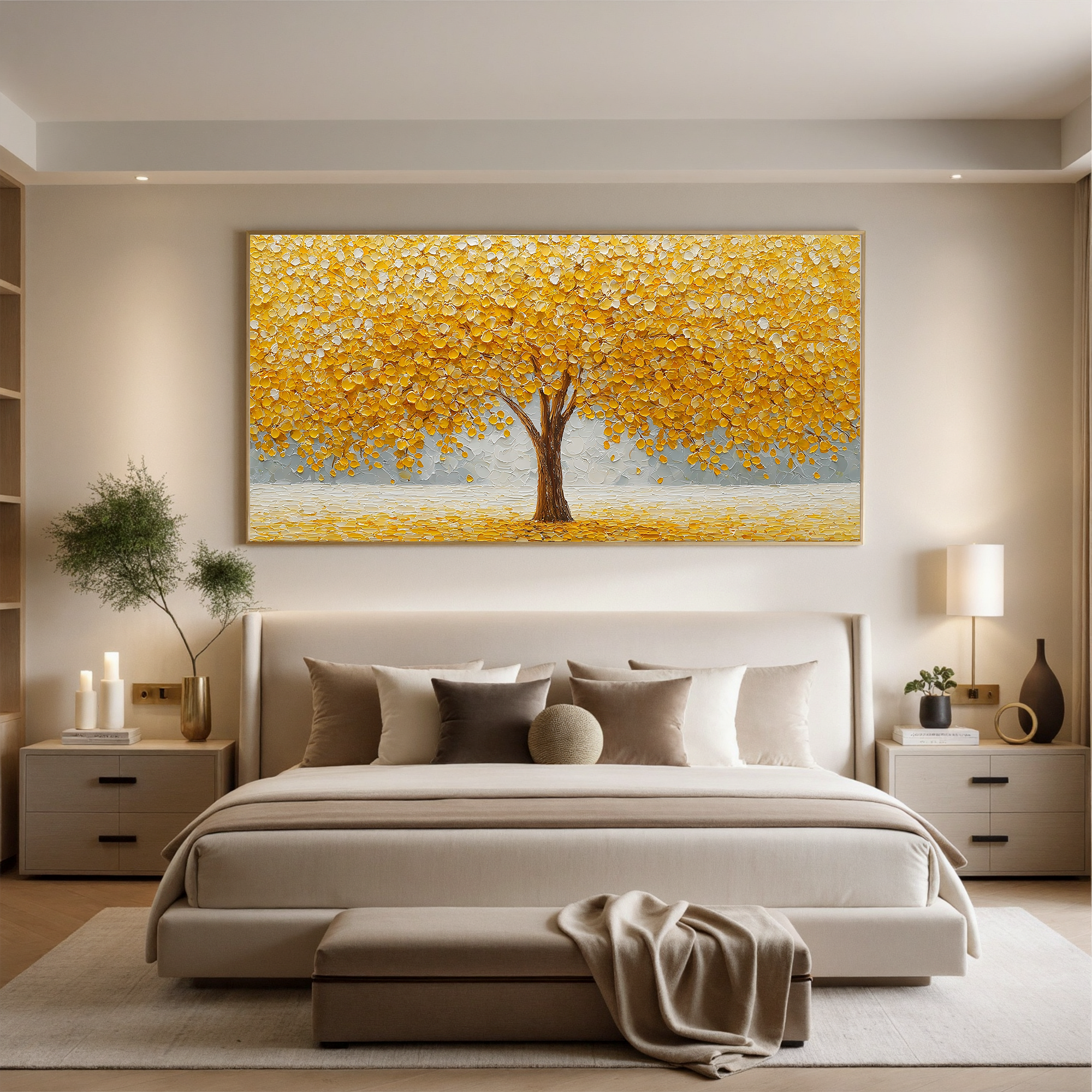 Gilded Opulence – Modern Impasto Golden Money Tree | Minimalist Sculptural Living Room Art