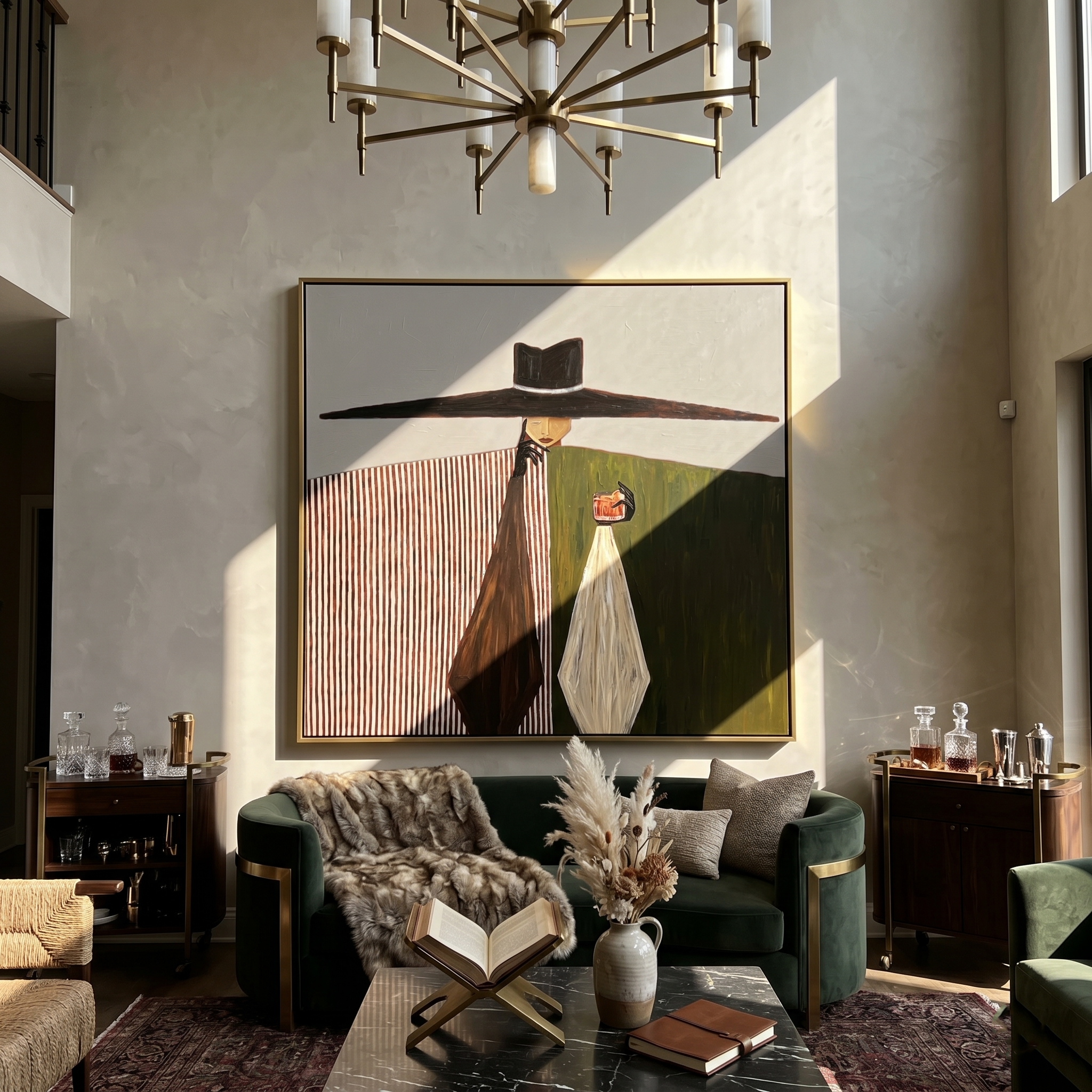 The Midnight Monologue – Surrealistic Modern Woman with Over-sized Hat Painting | Retro Elegant Living Room Art