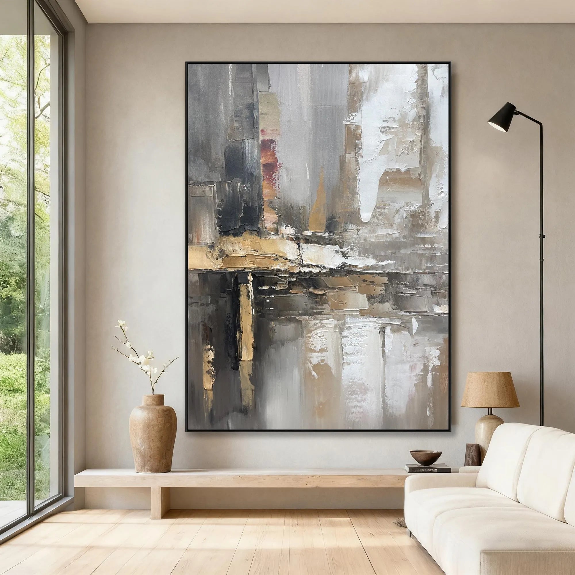 Earthen Core – Hand-Painted Grey and Gold Soil Tone Palette Knife Abstract Painting | Japandi Wabi-Sabi Living Room & Bedroom Art