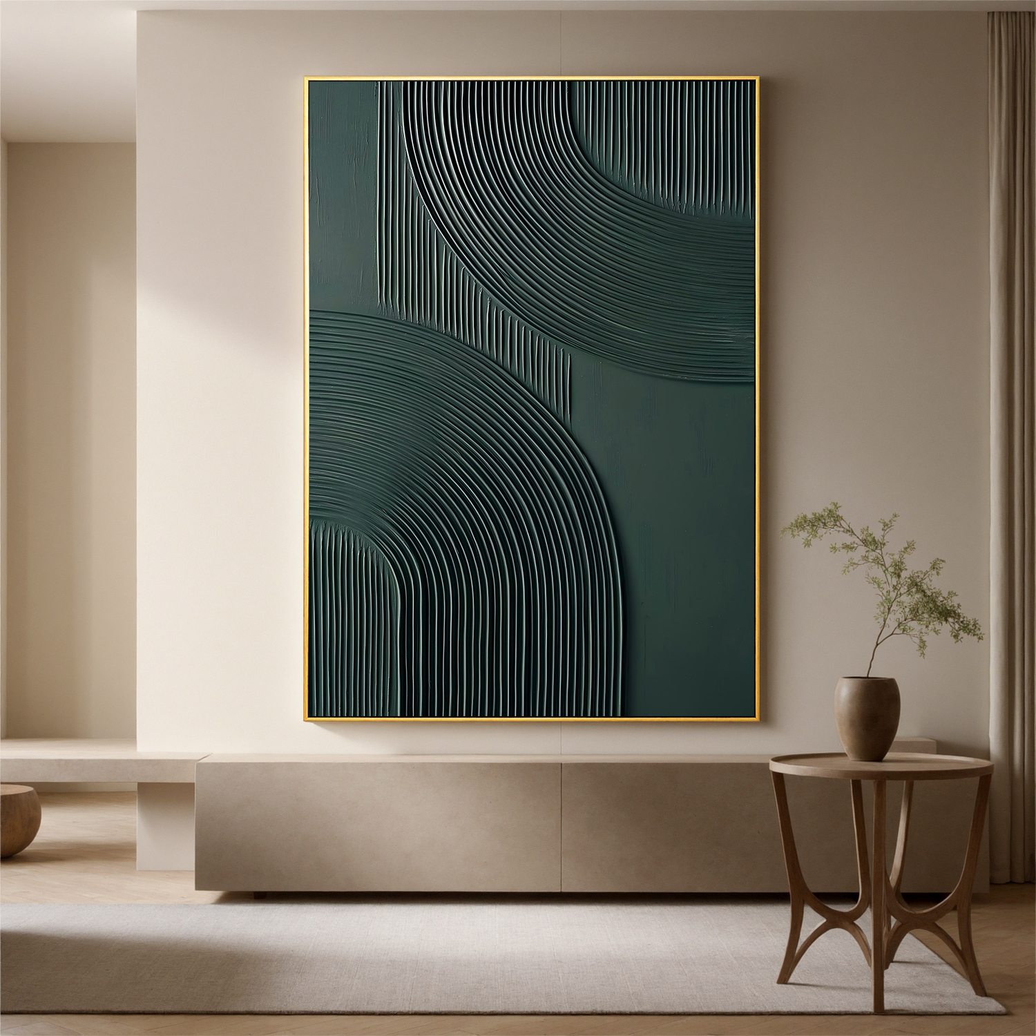 Forest Whispers – Mid-Century Modern Deep Green Textured Painting | Geometric Ribbed Plaster Hallway Art