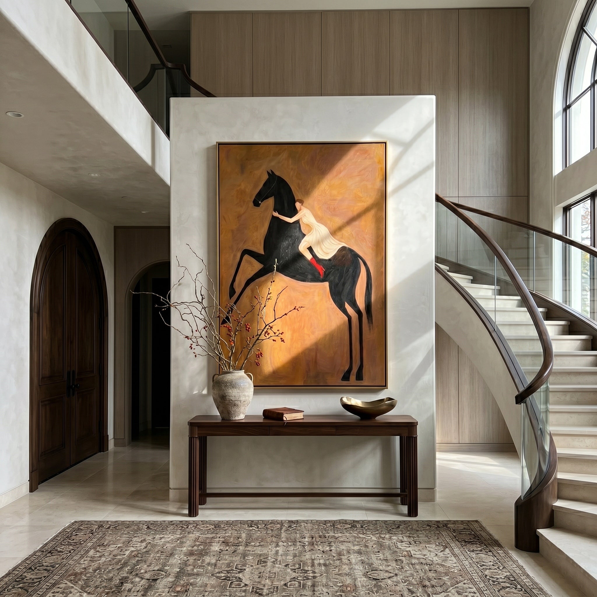 The Wild Embrace – Modern Romanticism Black Horse & Girl Painting | Rustic Caramel Home Office Art