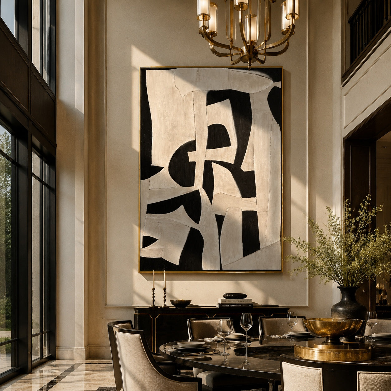 The Shifting Balance – Minimalist Black & Off-White Crackle Painting | High-End Abstract Hallway Art