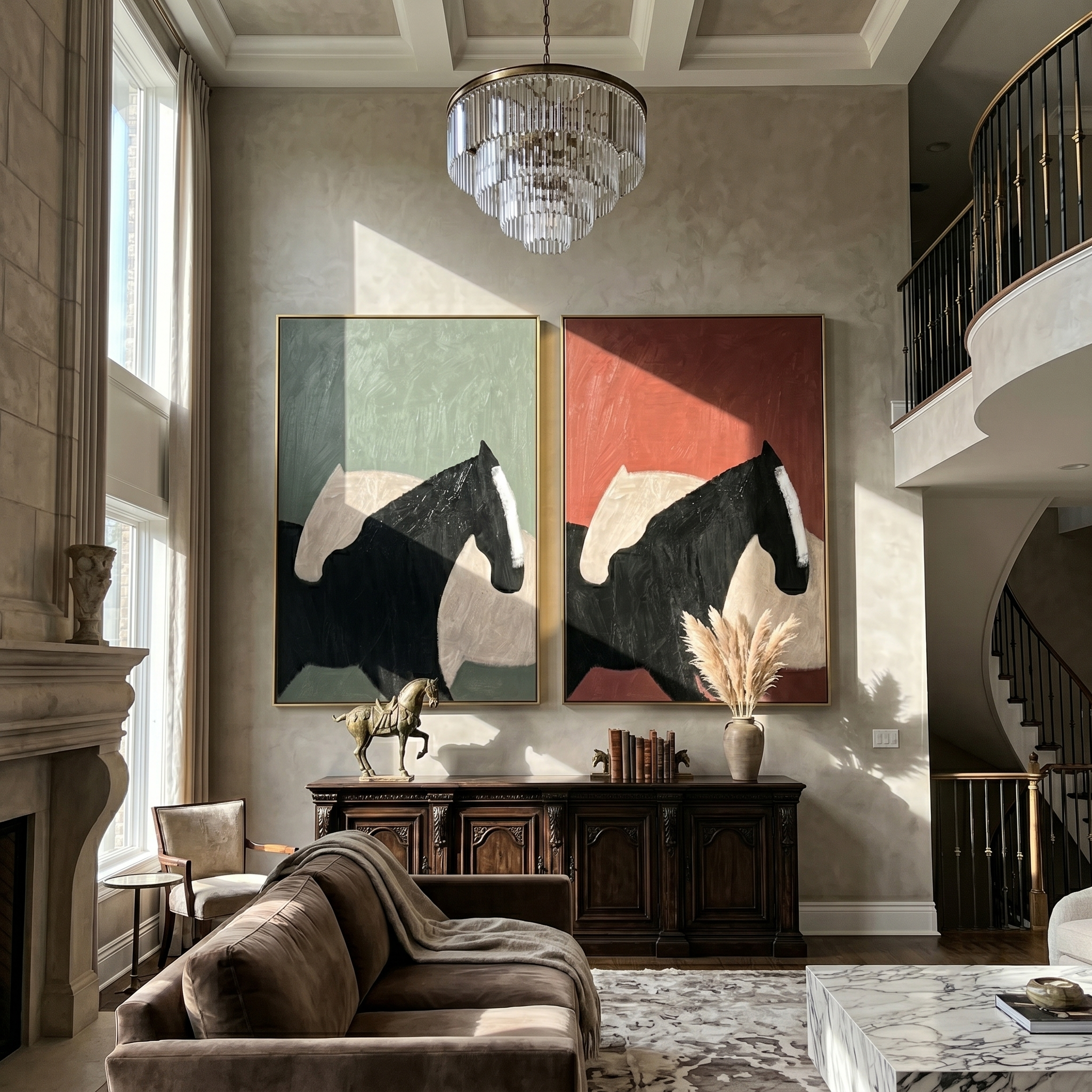 Dark Horse Diptych – Vintage Americana Abstract Black Horse Two-Panel Painting | Contemporary Modern Living Room Art