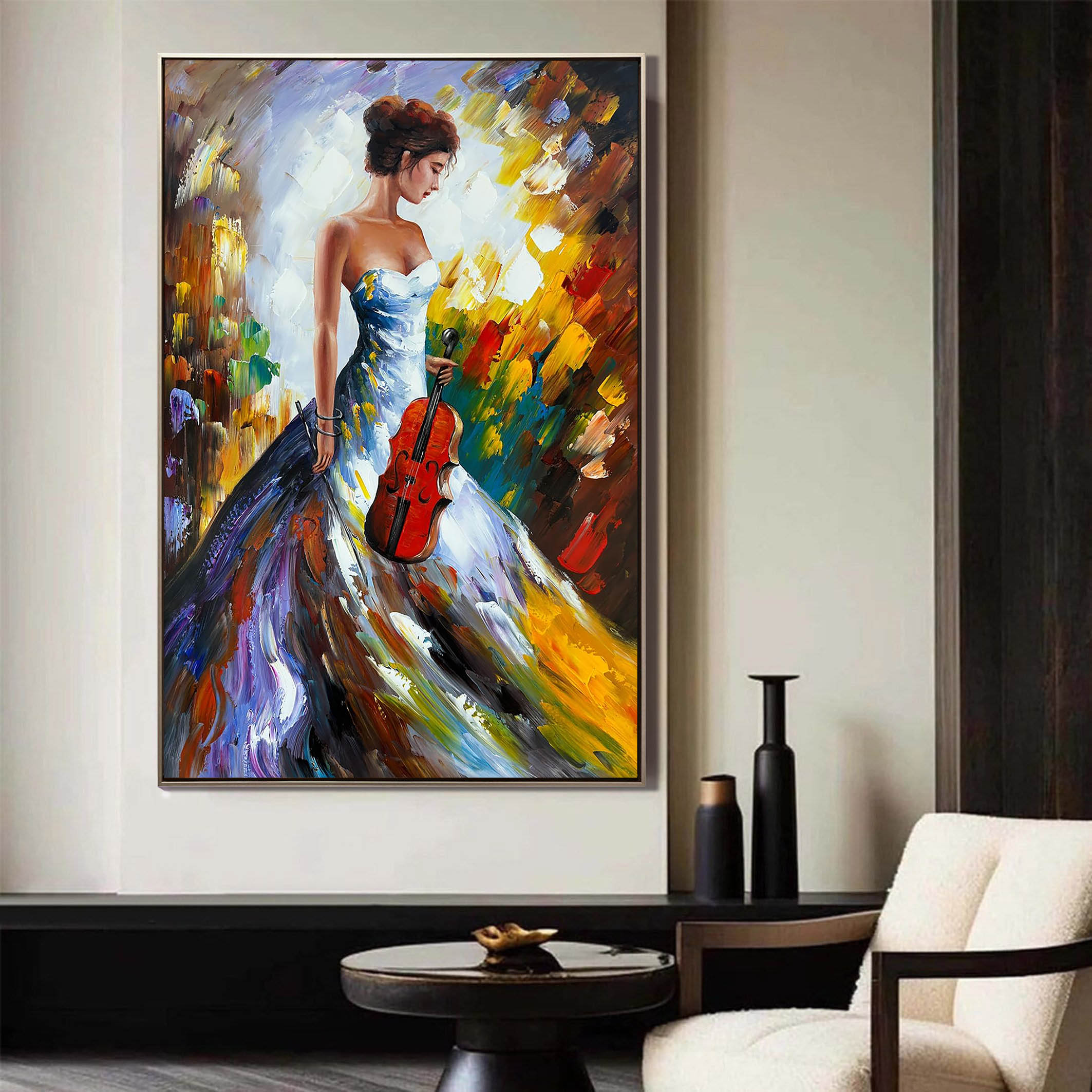 Melodic Muse – Palette Knife Lady in Gown Colorful Painting | Bold Expressionist Living Room & Dining Room Art
