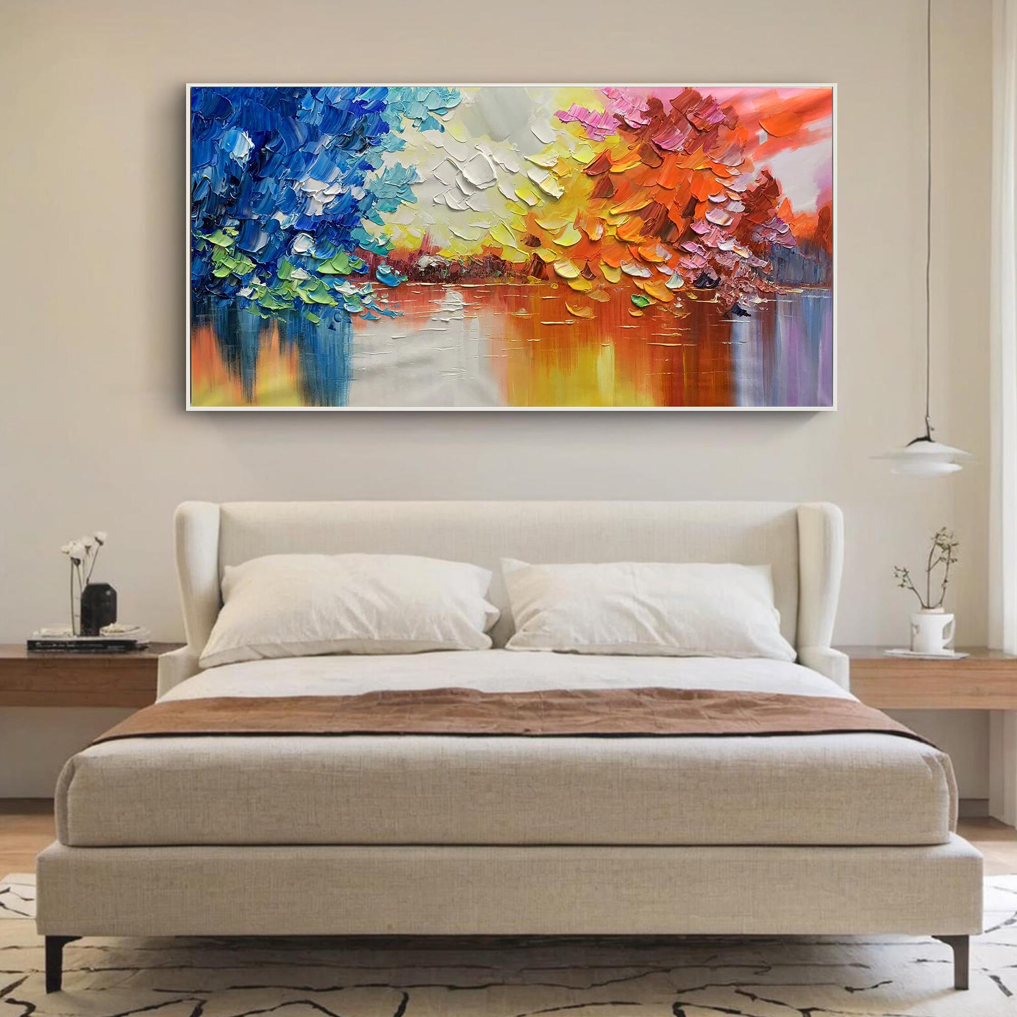 Spectrum Harbor – Hand-Painted Impressionist Multicolored Palette Knife Impasto Oil Abstract Painting | Bold Abstract Palette Knife Living Room Art