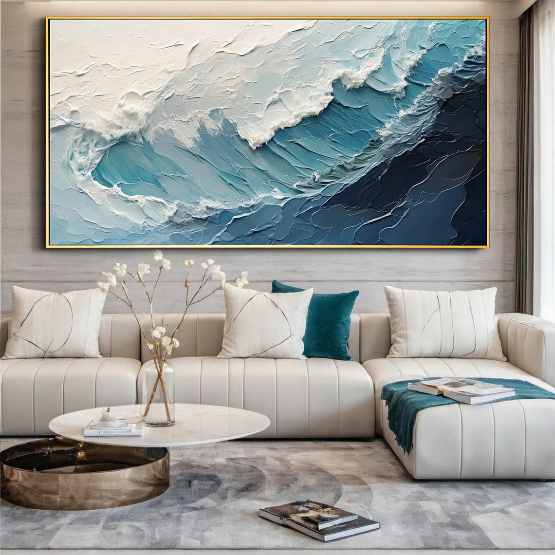 Ocean Surge – Hand-Painted Blue and White Ocean Wave Palette Knife Seascape Painting | Coastal Modern Living Room & Bedroom Art