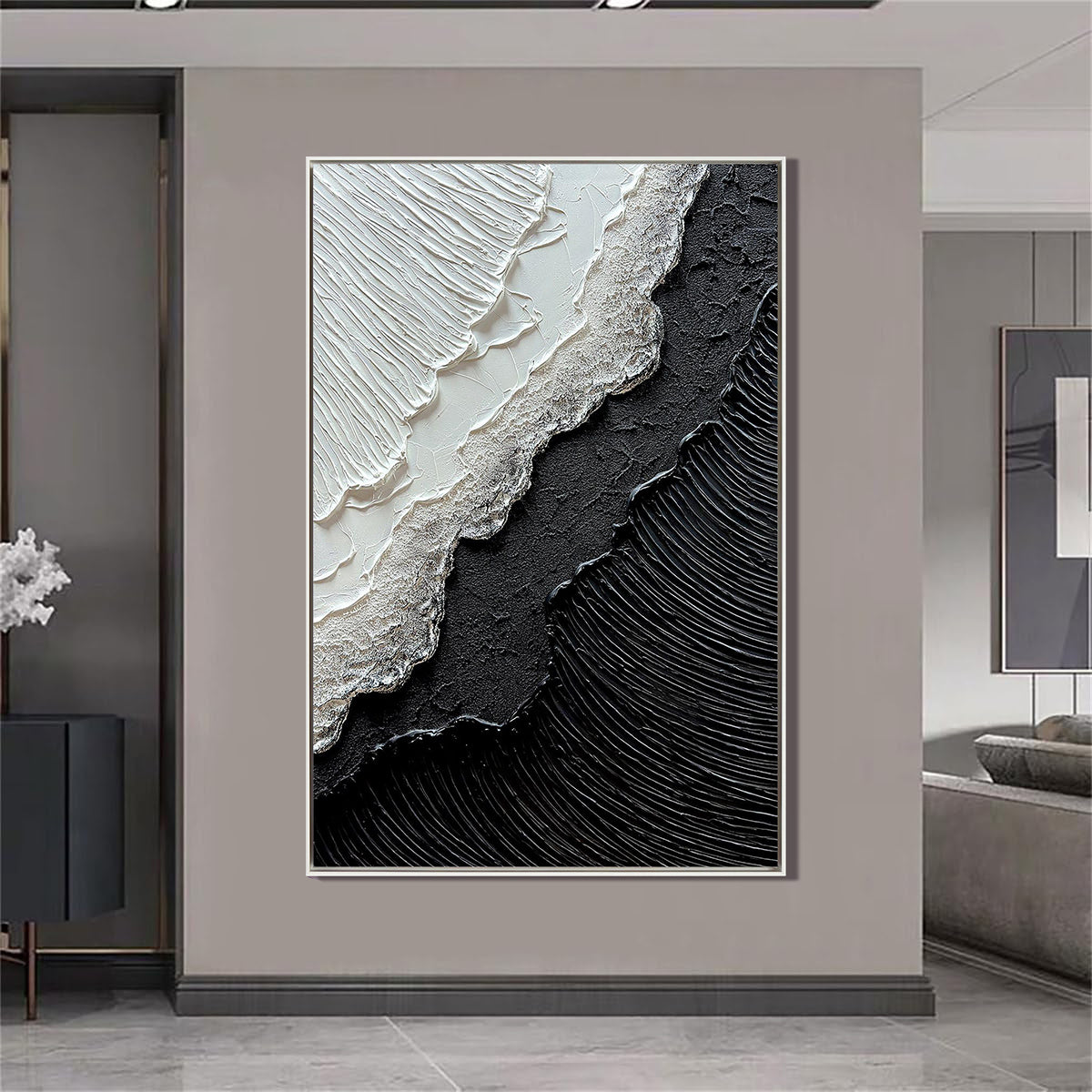 Onyx Split – Modern Black & White Plaster Relief Abstract Painting | Industrial Abstract Home Office & Living Room Art