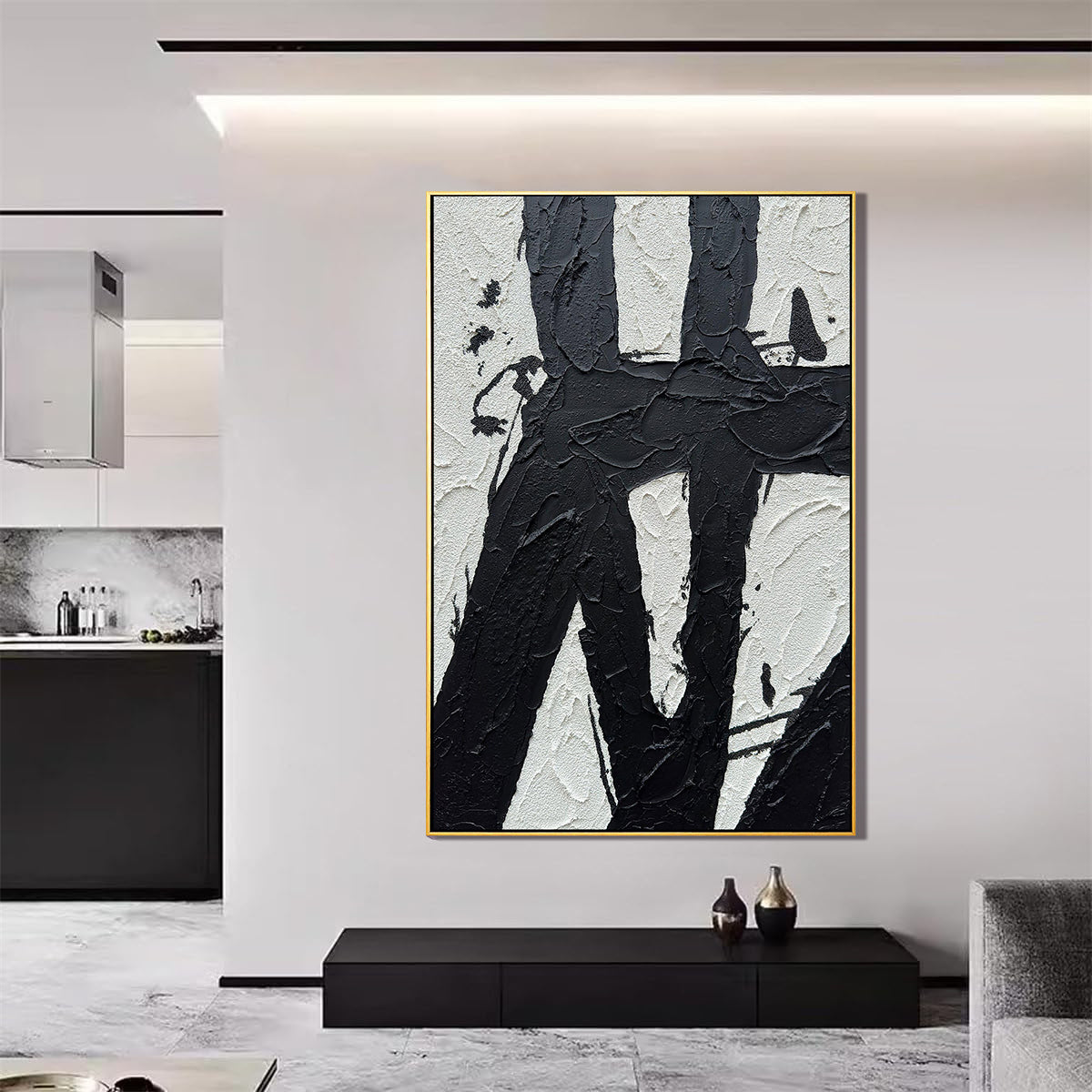 Onyx Stroke – 3D Heavy Texture Black & White Relief Minimalist Painting | Bold Minimalist Bedroom & Home Office Art