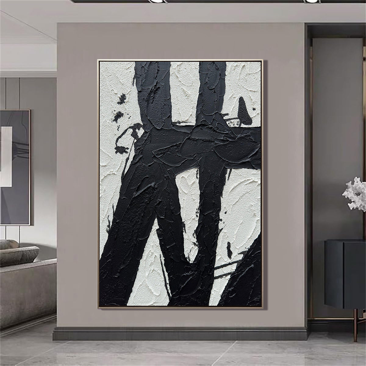 Onyx Stroke – 3D Heavy Texture Black & White Relief Minimalist Painting | Bold Minimalist Bedroom & Home Office Art