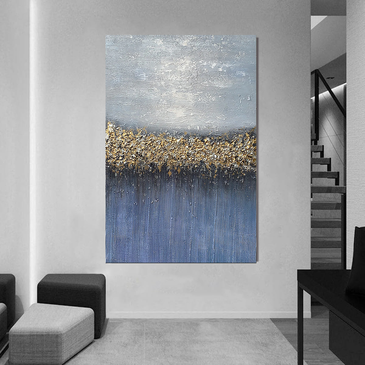 Galactic Reflection – Hand-Painted Navy Blue and Gold Foil Starry Sky 3D Plaster Effect Texture Painting | Coastal Modern Living Room & Bedroom Art