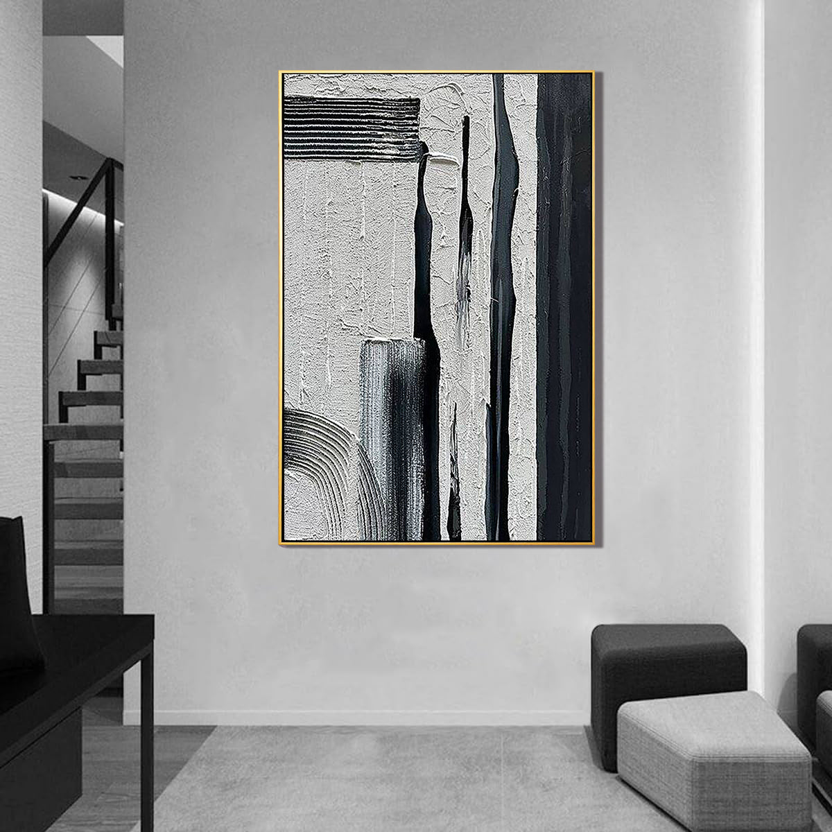 Urban Noir – Heavy Texture Industrial Abstract Painting | Wabi-sabi Plaster Style Hallway Decor Art