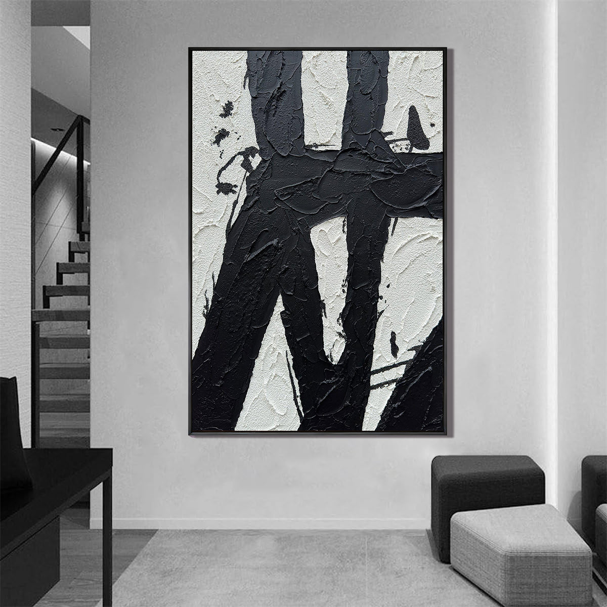 Onyx Stroke – 3D Heavy Texture Black & White Relief Minimalist Painting | Bold Minimalist Bedroom & Home Office Art