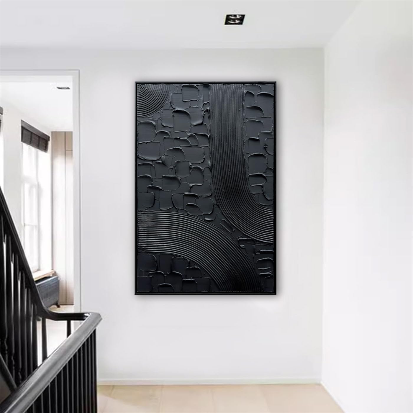 Midnight Mesh – Modern All-Black Plaster Relief Canvas Texture Painting | Modern Industrial Plaster Home Office & Living Room Art