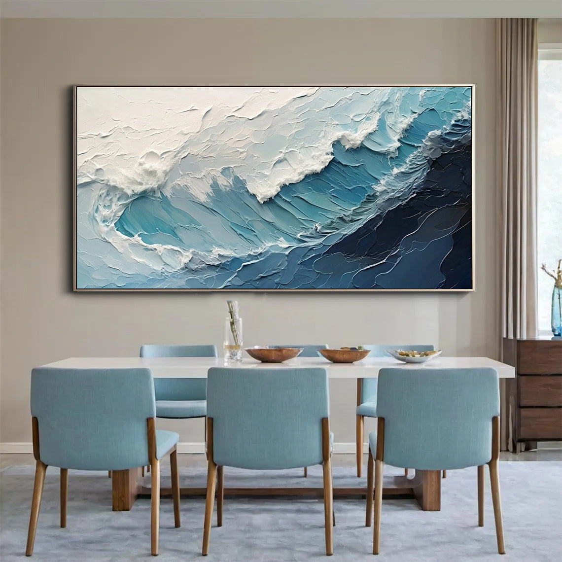 Ocean Surge – Hand-Painted Blue and White Ocean Wave Palette Knife Seascape Painting | Coastal Modern Living Room & Bedroom Art