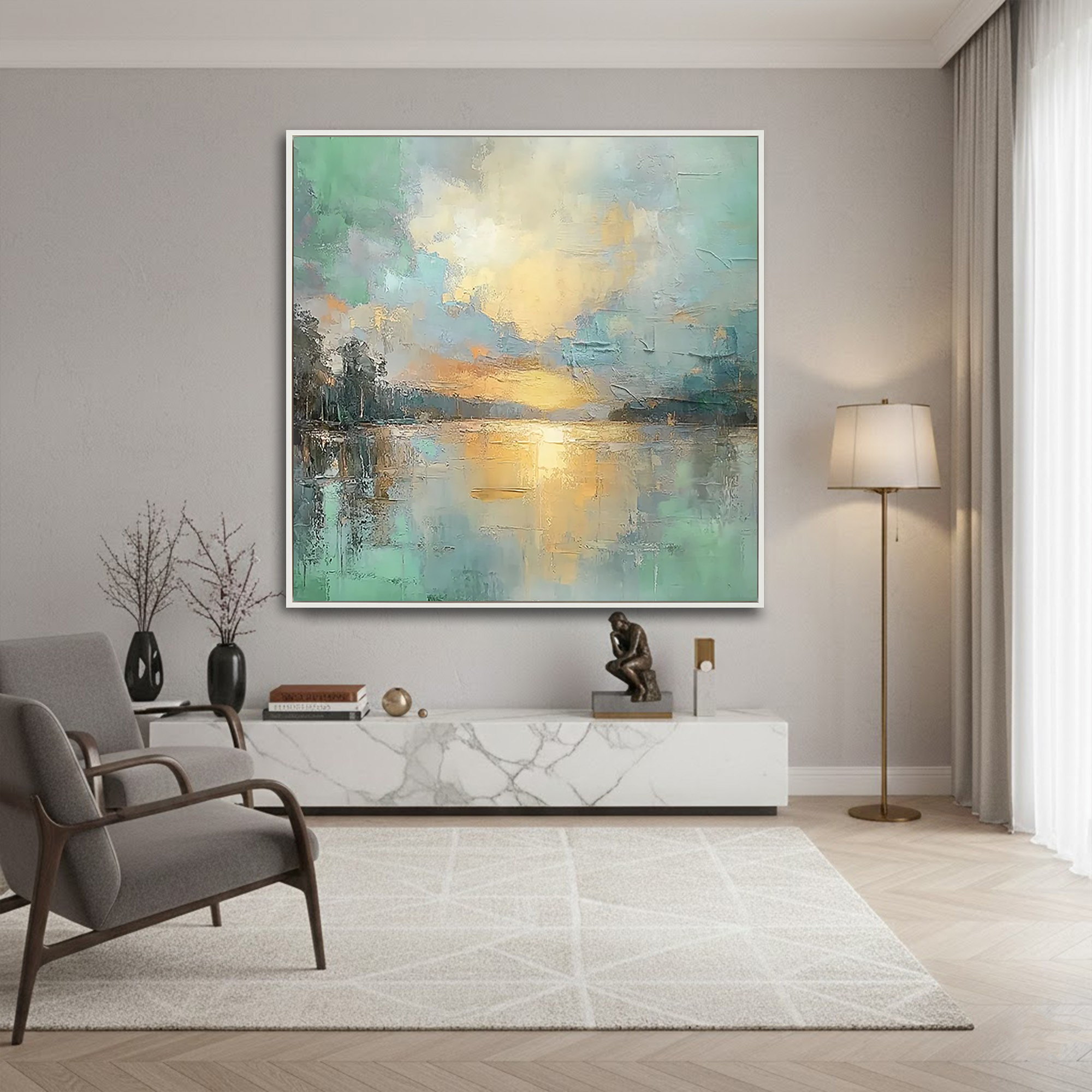 Golden Serenity – Modern Impressionist Landscape Painting | Creative Sunset Lake Hallway Art