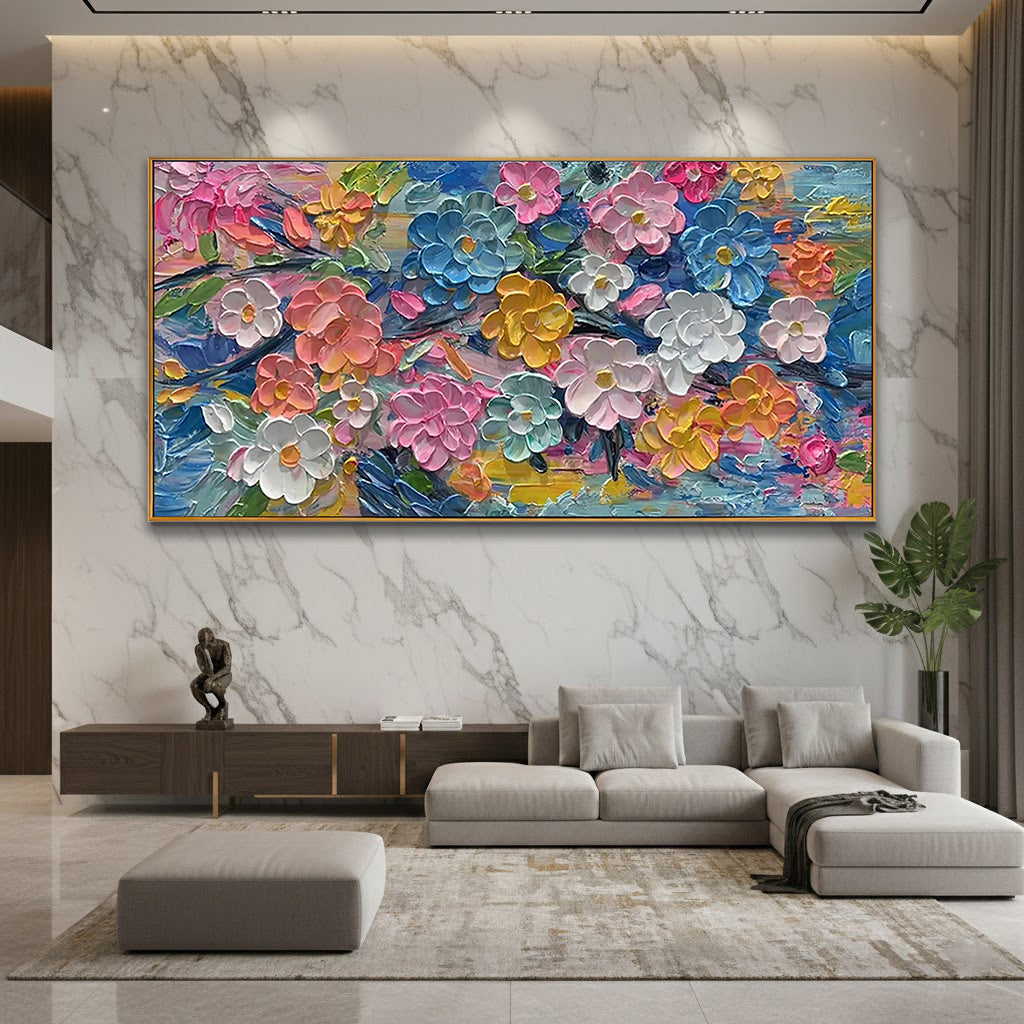 Prismatic Bloom – Hand-Painted Vibrant Multicolored 3D Impasto Palette Knife Floral Painting | Vibrant Botanical Living Room & Dining Room Art