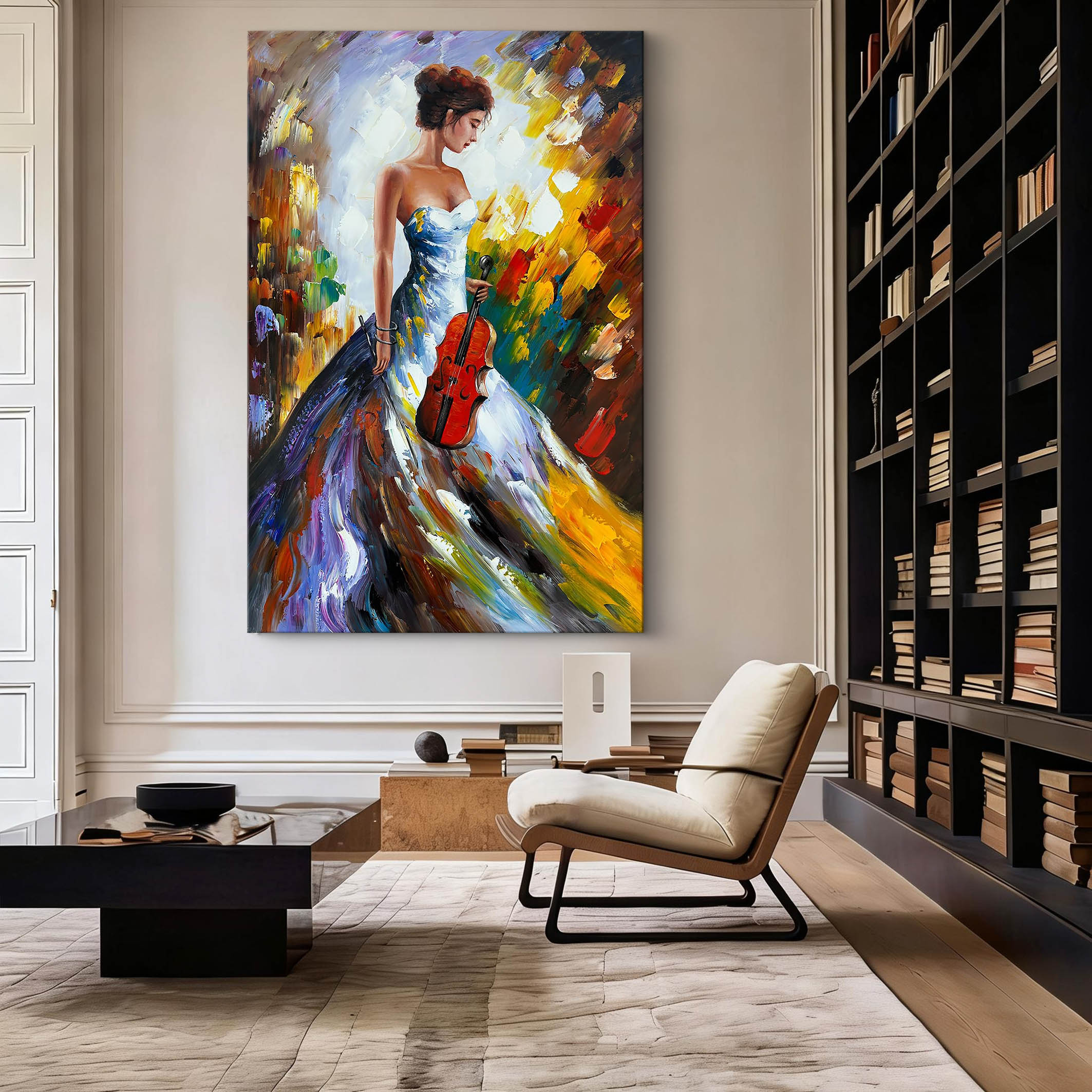 Melodic Muse – Palette Knife Lady in Gown Colorful Painting | Bold Expressionist Living Room & Dining Room Art