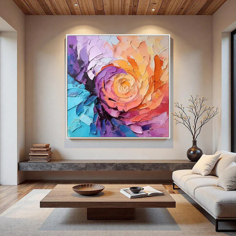 VORTEX BLOOM: Square 3D Heavy Texture Abstract Wall Art, Vibrant Rainbow Palette Knife Canvas