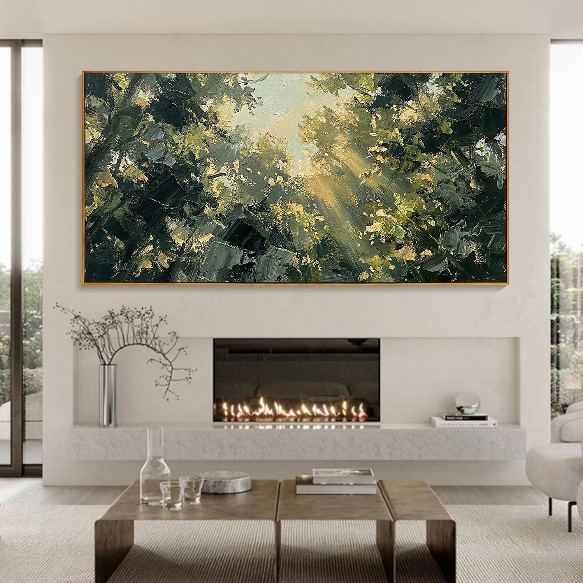 Sunlit Canopy – Hand-Painted Forest Sunlight Impressionist Palette Knife Landscape Painting | Contemporary Landscape Living Room & Dining Room Art