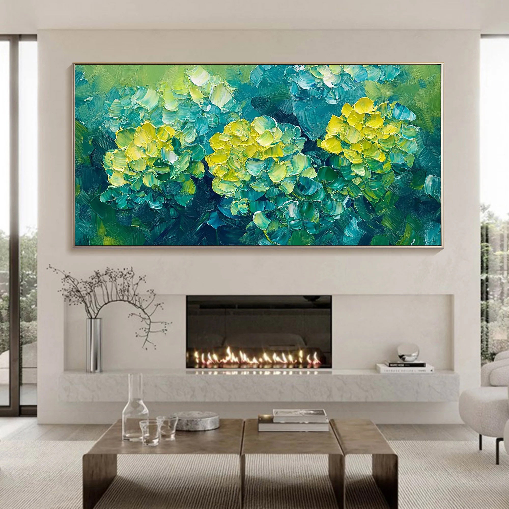 Emerald Bloom – Vibrant Floral Palette Knife Texture Painting | Vibrant Botanical Living Room & Dining Room Art