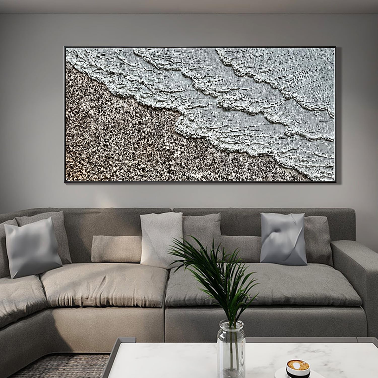 Coastal Reach – Wabi-Sabi Sand and Wave Relief Texture Painting | Contemporary Landscape Living Room & Dining Room Art